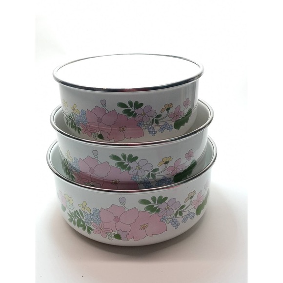Vintage Kobe Enamel Stacking Bowls Pink Purple Flowers Set of 3 JC Penny (b7) - Picture 1 of 6